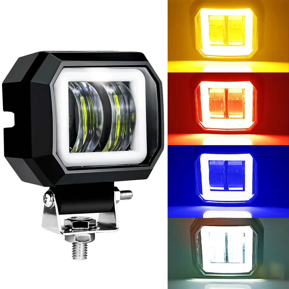 12V 24V LED Square Work Light With Angel Eyes Spotlights for Motorcycle Car Offroad Driving Fog Lamp - Red Blue Yellow light Bar