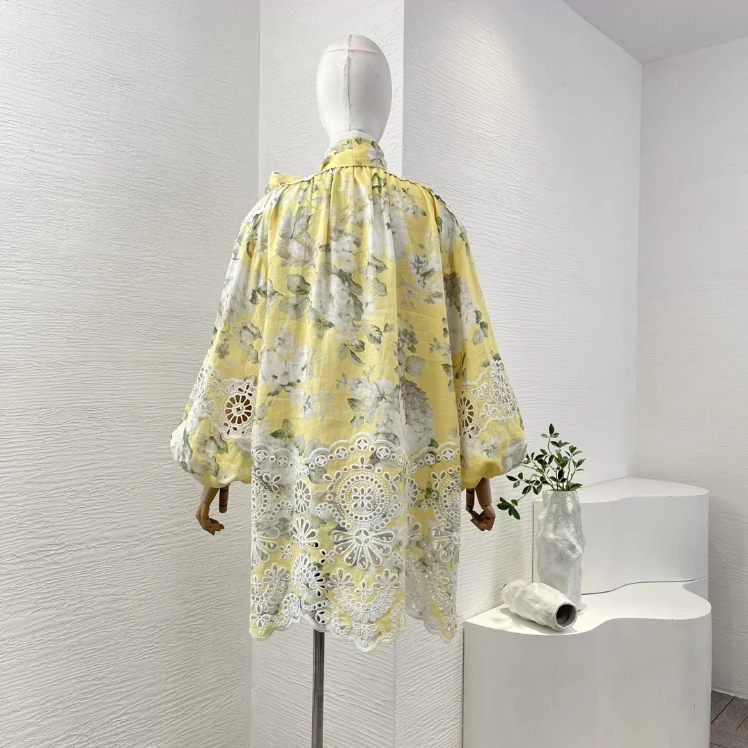 Bow Lace-up Pure Linen New Design High Quality Yellow Floral Print Hollow Out Lantern Sleeve Embroidery Women Mini Dress