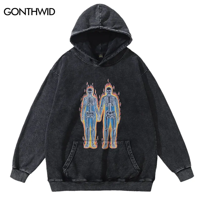 Vintage Hoodie Streetwear Y2K Grunge Hip Hop Skeleton Skull Print Punk Gothic Wash Oversize Sweatshirt Harajuku Cotton Loose Top