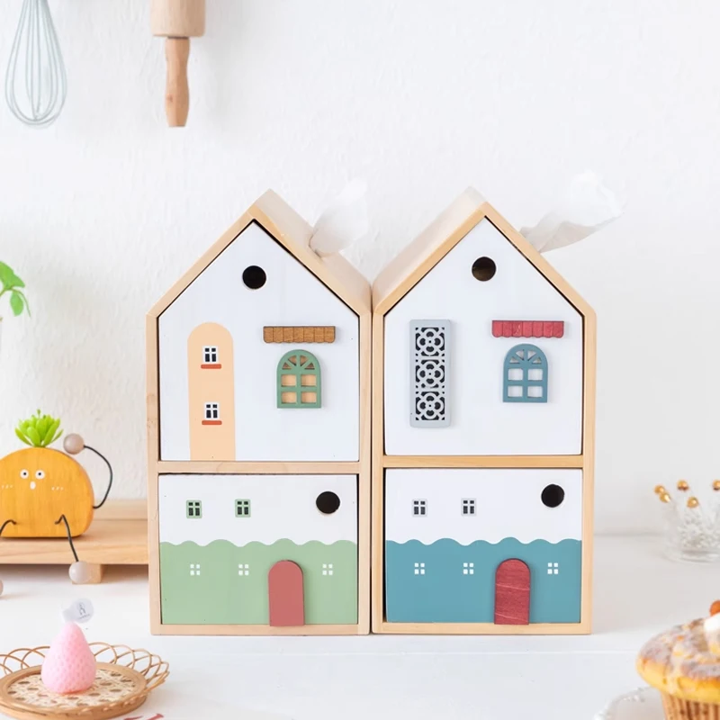 Nordic House-Shaped Tissue Box, Multi-functional Double-Layer Drawer, Storage Box, Handmade Wooden, Cartoon House Ornaments