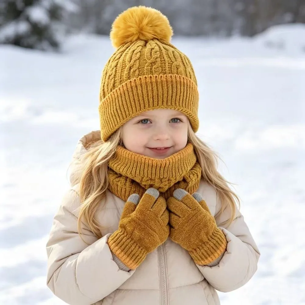 Thick Thicken Knitted Hat Set Windproof Knitted Winter Hat Scarf Gloves Autumn And Winter Pompom Hat Set For Children