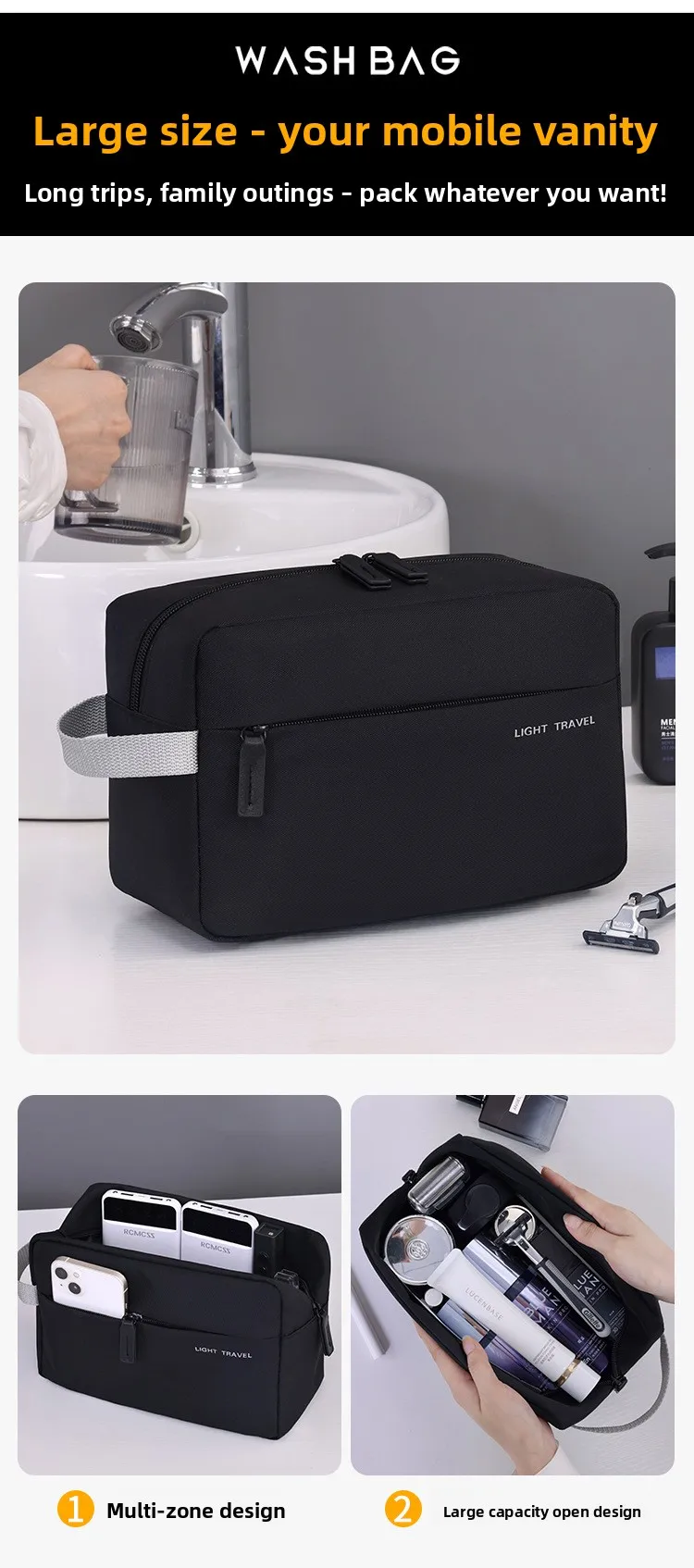 3-in-1 Reise-Toilettentasche für Herren, Oxford-Toilettentasche, wasserabweisende Rasierertasche, Kosmetiktasche, Make-up-Organizer – Detail 10