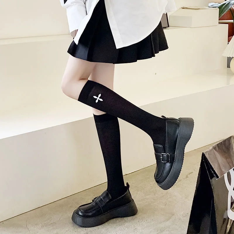 Jk Good-looking Women's Sock Japanese Solid Color Black White Cross Heart Thin Silk Stockings Comfortable Summer Long-tude Socks