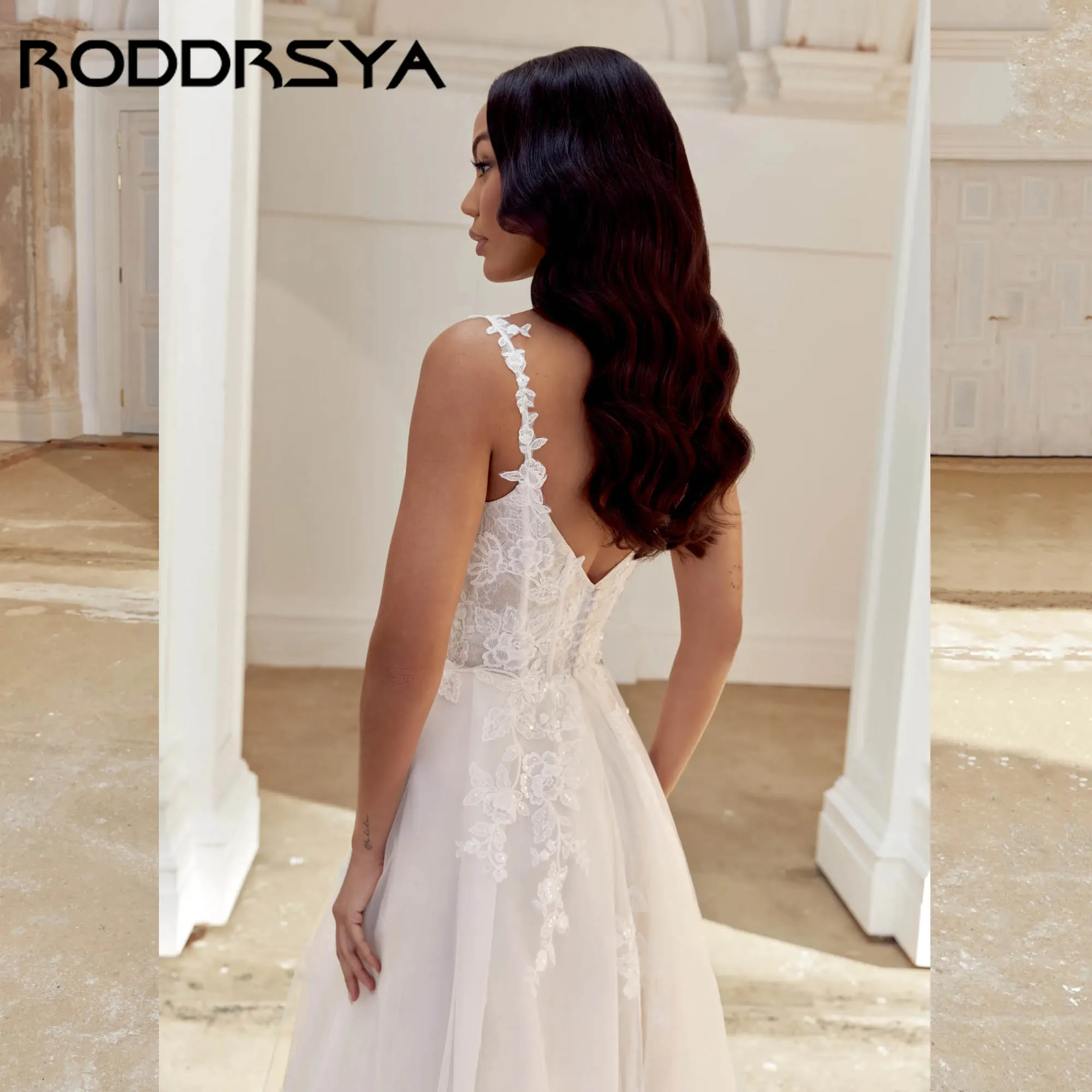 Suknia ślubna RODDRSY na ramiączkach spaghetti, aplikacje, dekolt w serek, linia A, tiulowa, elegancka, bez pleców, vestidos de novia, możliwość personalizacji