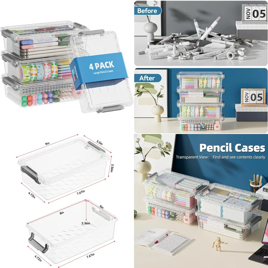 

В упаковке очень большой пенал, пластиковый пенал, органайзер, прозрачная коробка для карандашей, органайзер для маркеров, штабелируемые органайзеры для рукоделия и St