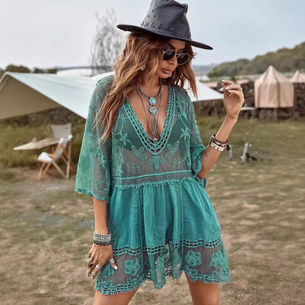 

Ladies V Neck Lace Embroidered Beach Dress Swimsuit Sunscreen Cover Up
