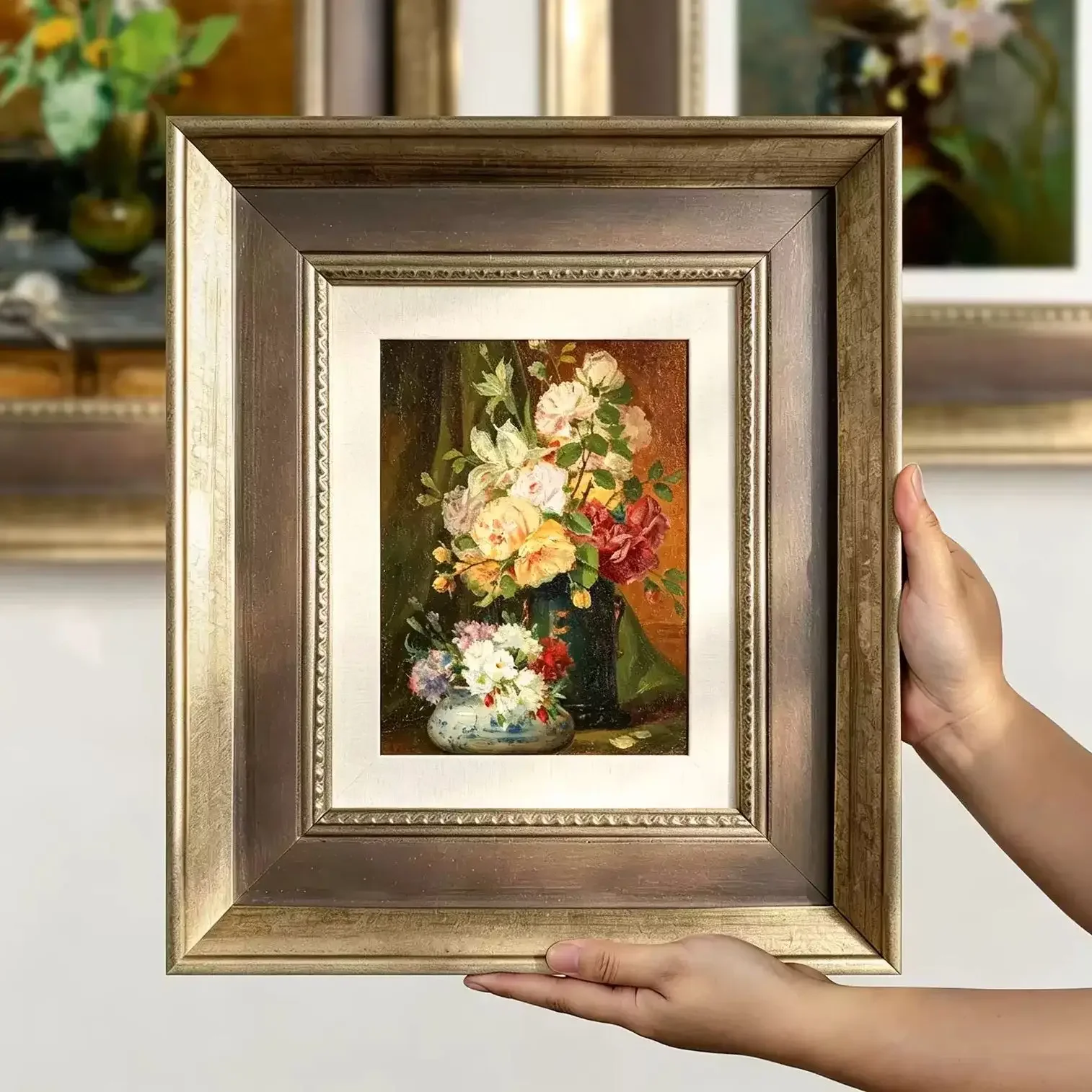Champagne Gold Solid Wood Picture Frame 6.5cm Photo Frame Bead Trim Vintage Handcrafted Art Frame for Oil Painting Wall Decor