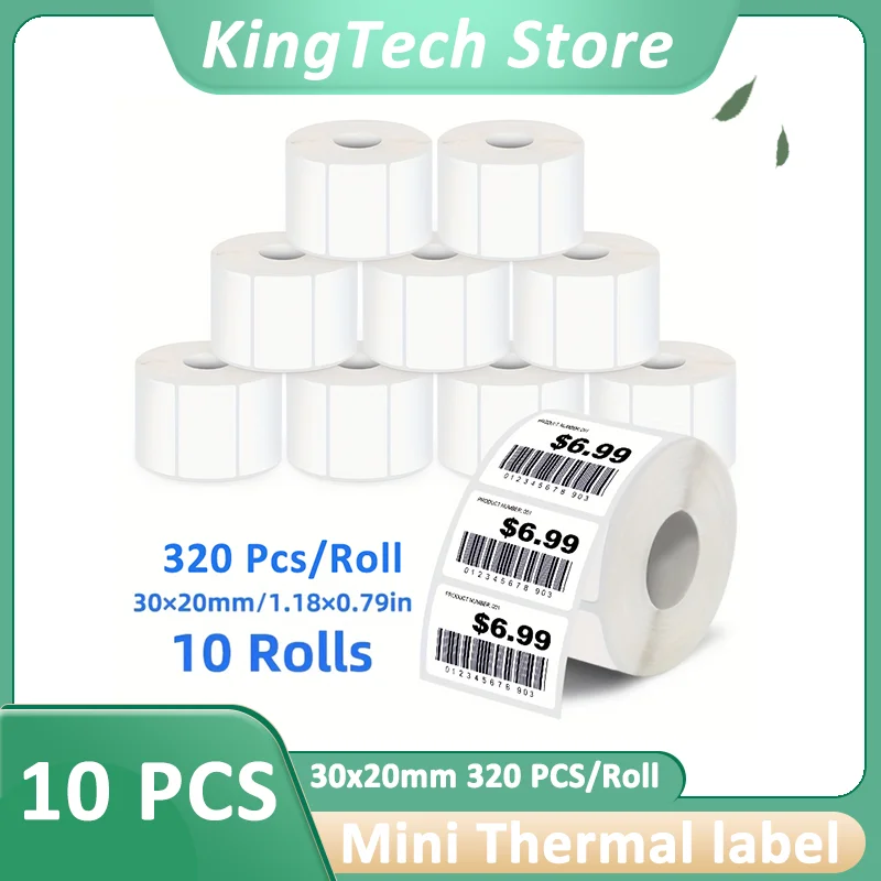10 Rolls 30x20mm (1.18x0.79in) Blank White Label Stickers 320 Labels/Roll, Perfect for Barcodes, Item Classification, Office