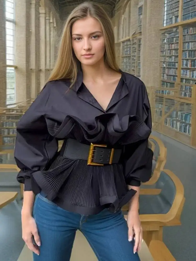 Женские рубашки Белый Черный Большой пояс 2026 Весенняя новая стильная рубашка с высокой талией и воротником-стойкой Slim Fit с длинным рукавом и оборками