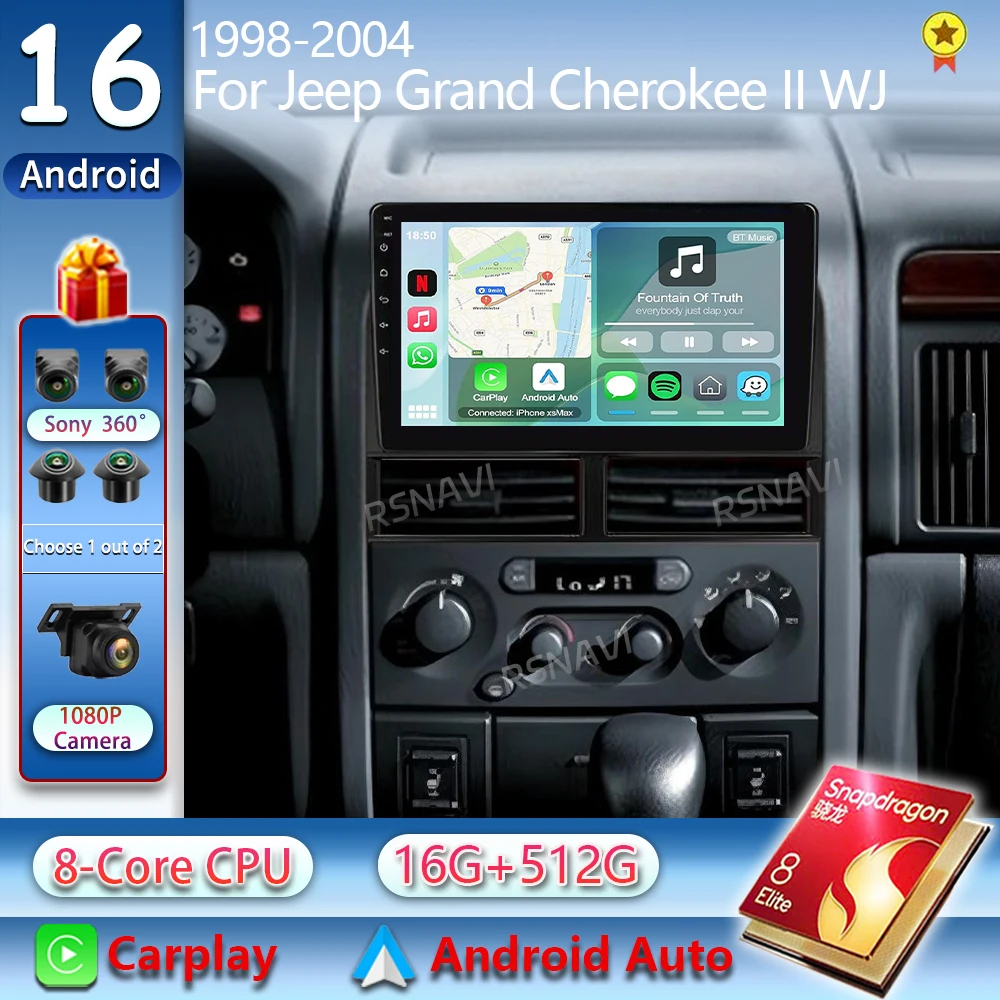 Android 16 Carplay Auto Car Radio For Jeep Grand Cherokee II WJ 1998 - 2004 Navigation GPS Multimedia Player Stereo WIFI+4G 2DIN
