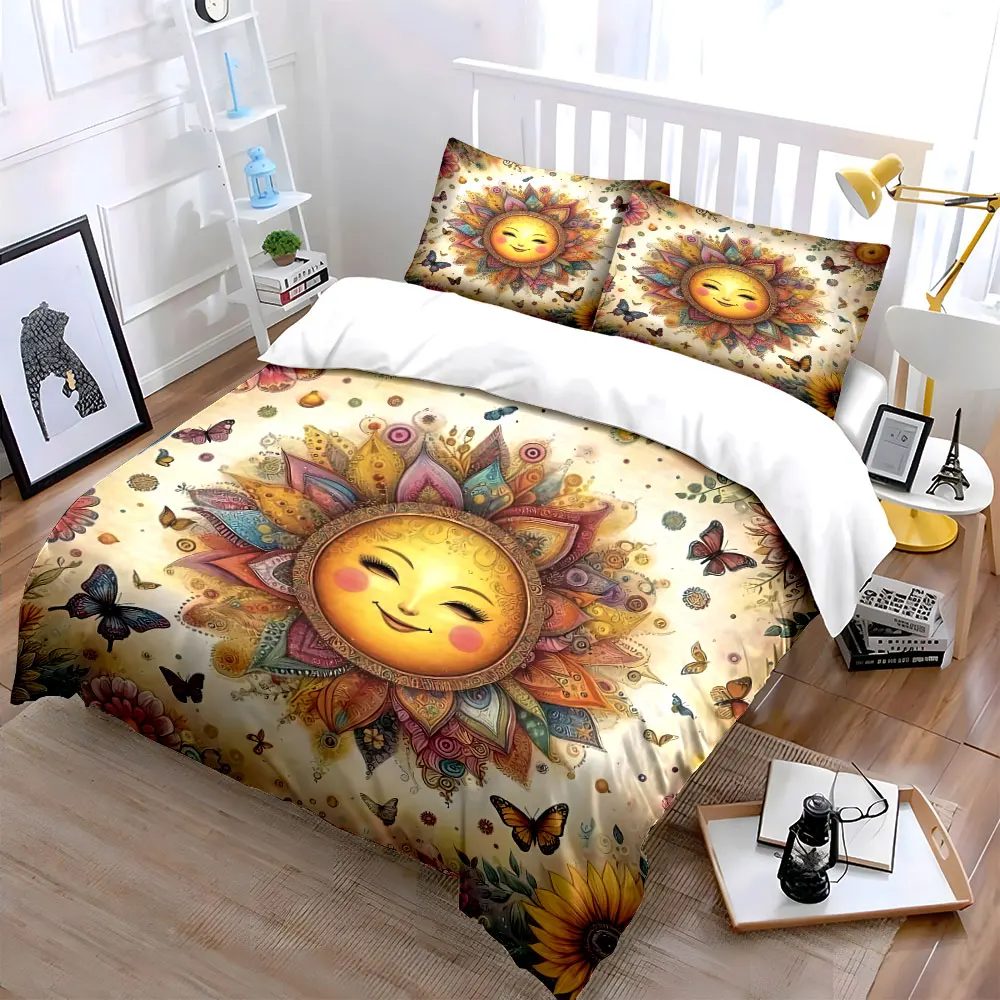 3Pcs Whimsical Boho Bedding Set, Smiling Sun Mandala with Butterflies and Sunflowers Print Duvet Cover, cute Bedroom Decor