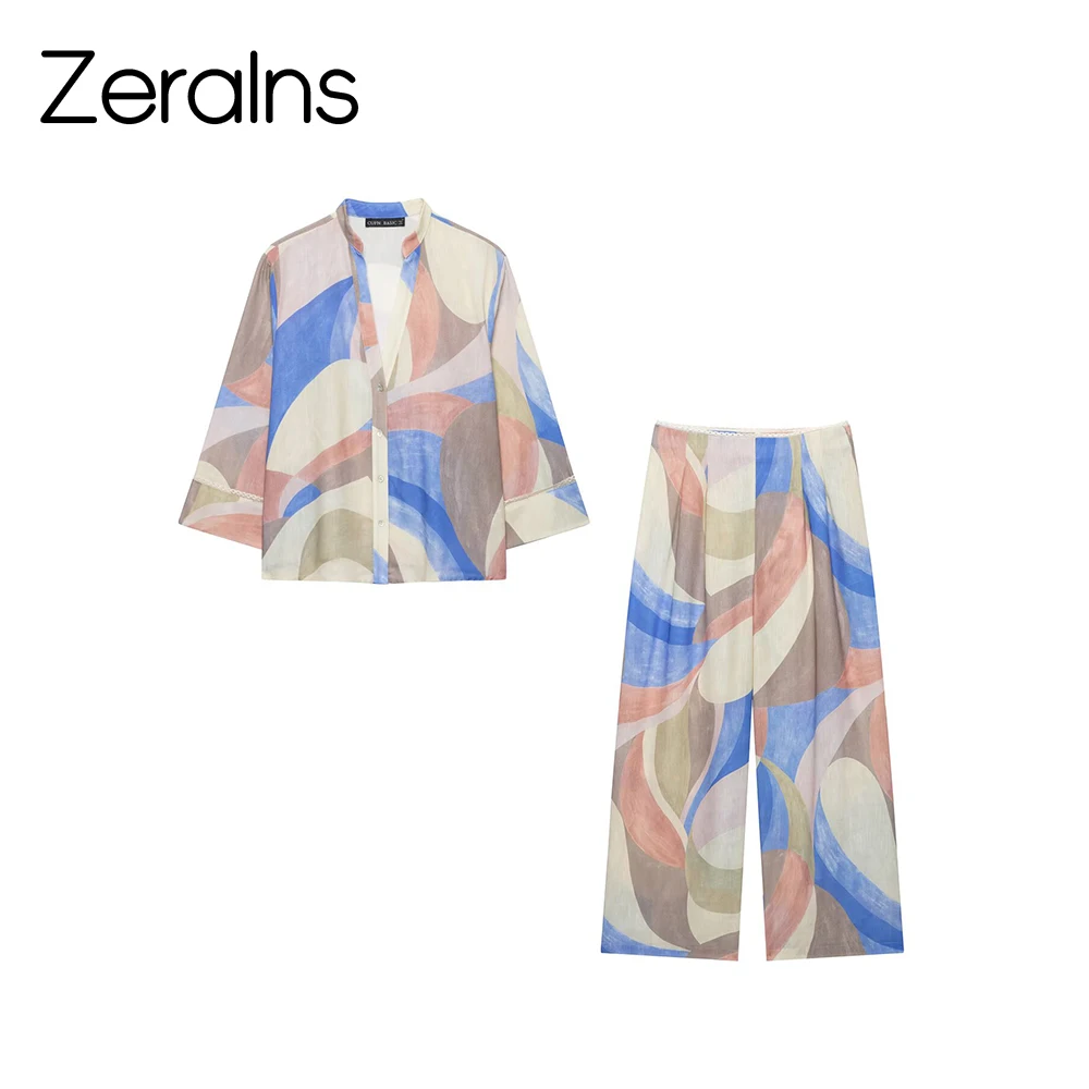 ZERAINS European and American style women's autumn new item lace decoration printed shirt wide leg pants set