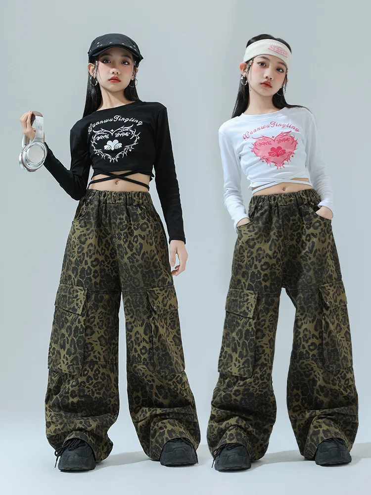 Kid Hip Hop Clothing Heart Lace up Crop Top Long Sleeve T Shirt Leopard Casual Wide Cargo Pants for Girl Dance Costume Clothes