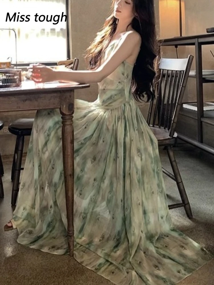 Elegancka długa sukienka maxi w kwiaty dla kobiet bez rękawów z wysoką talią sukienka w kształcie litery A letni strój Boho Chic na wakacje na plaży