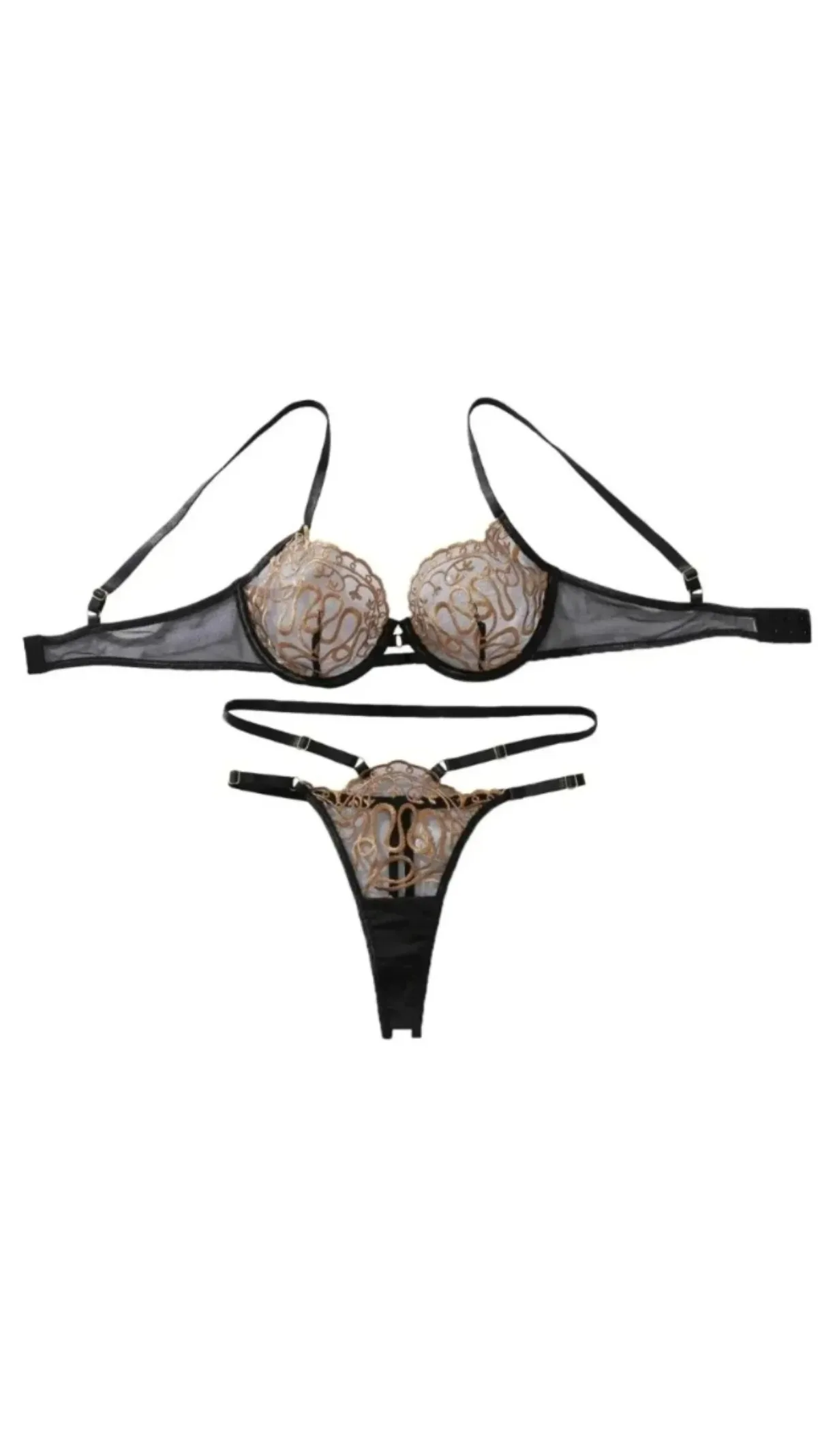 

Elegant lingerie, sexy and exotic gold embroidery 2-piece set, women's lingerie, high-end and soft see through bra