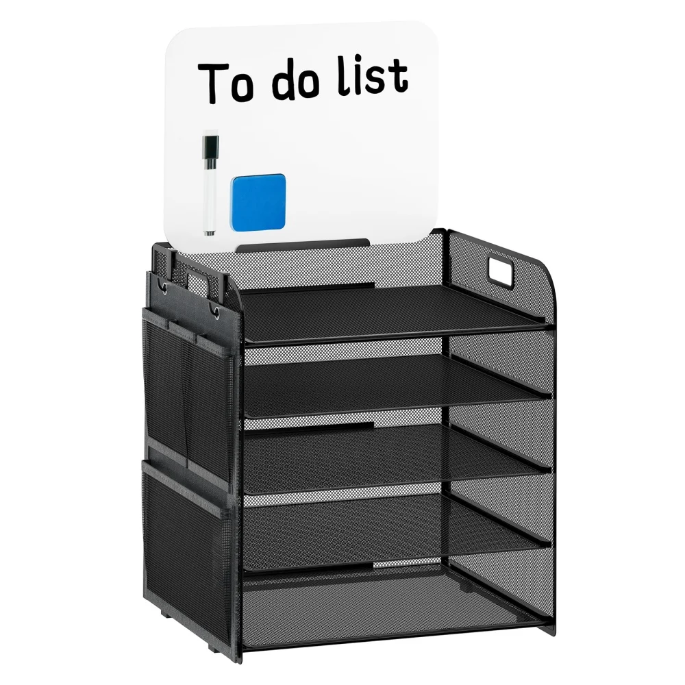 5-stufiger Schreibtisch-Organizer aus Netzstoff mit abnehmbarer Whiteboard-Tafel und mehreren Aufbewahrungstaschen, platzsparendes Desktop-Aufbewahrungsregal für Bücher, Schreibwaren, Akten,