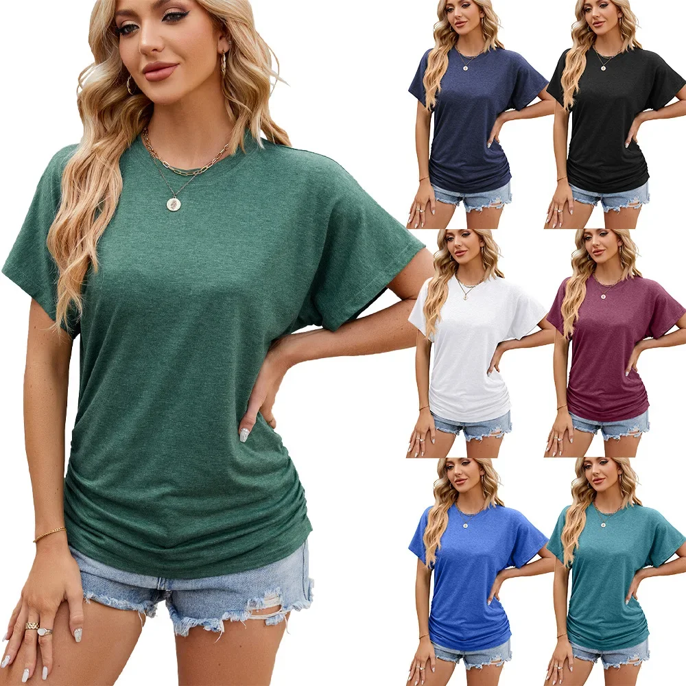 Europe and the United States spring and summer new solid color round neck loose short-sleeved T-shirt top lady