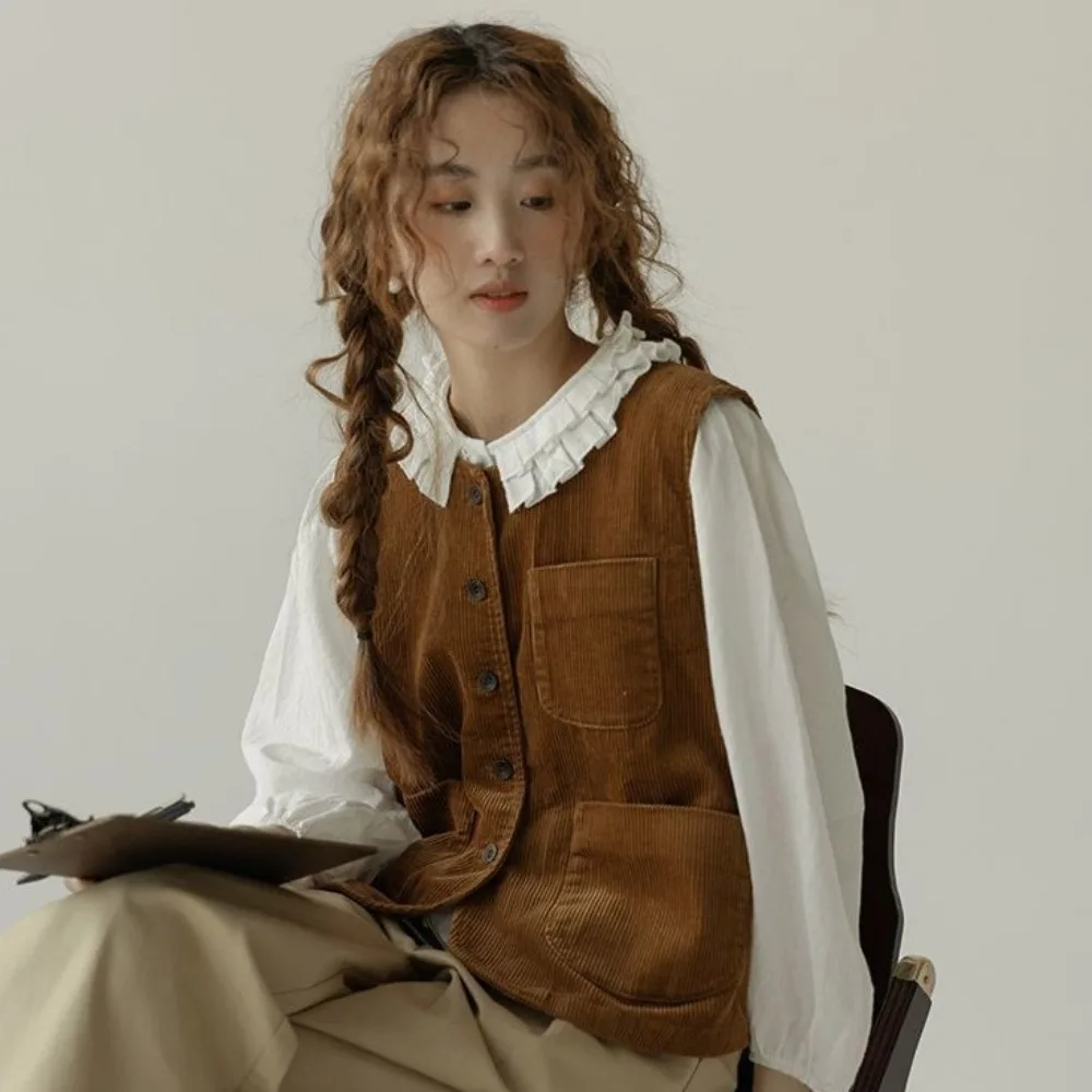 

Brown Vintage Corduroy Vests All Match Round Neck Cropped Sleeveless Jacket Retro Streetwear Button-up Short Coats Female