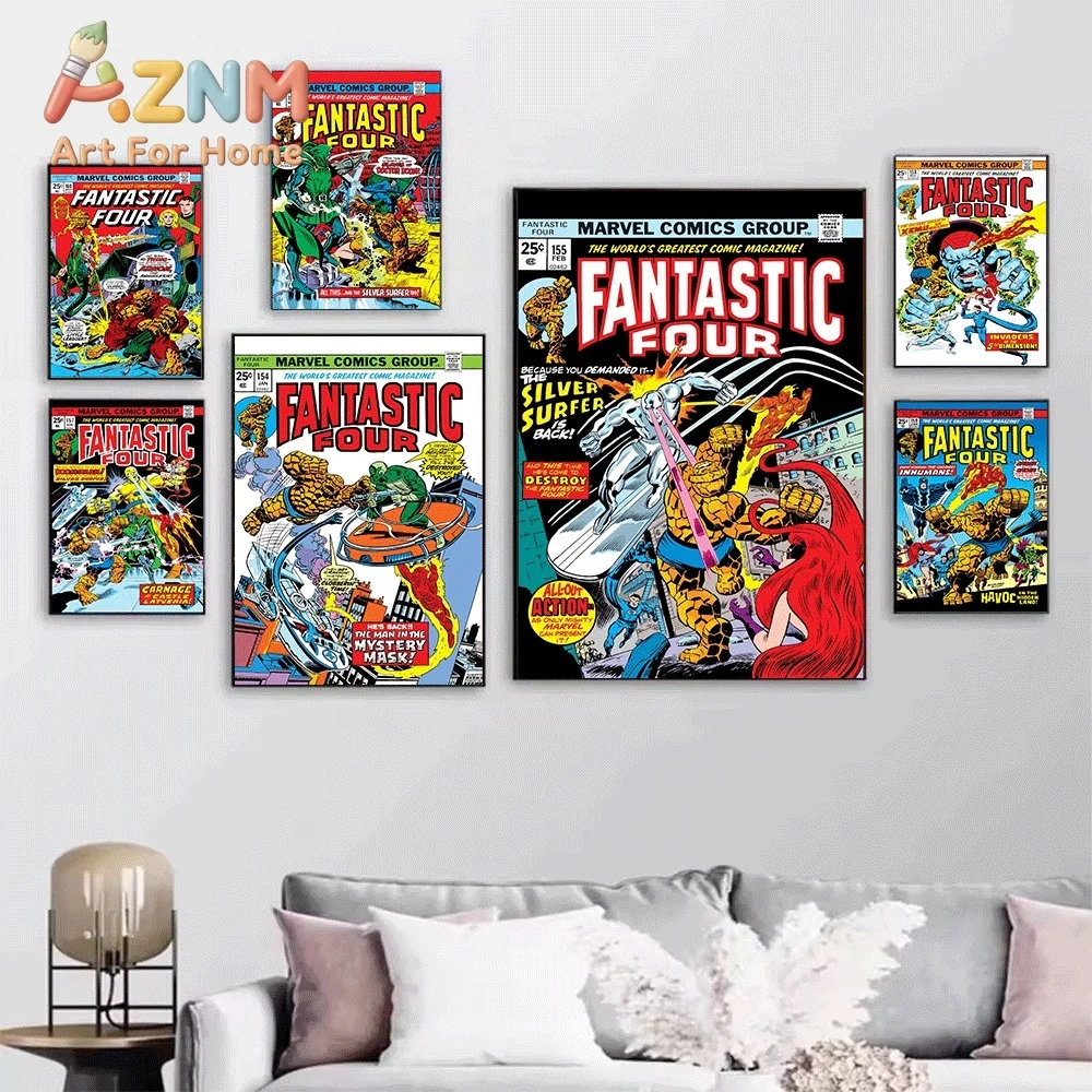 AZNM Fantastic Four Thundra and Lightning Vintage Comic Cover Collage Canvas Wall Art Unframed Print, Superhero Poster for Bed