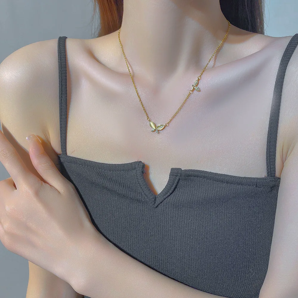 Stainless Steel Luxury Gold Color Opal Butterfly Pendant Necklace for Women Exquisite Zircon Chokers Bride Jewelry Colorfast
