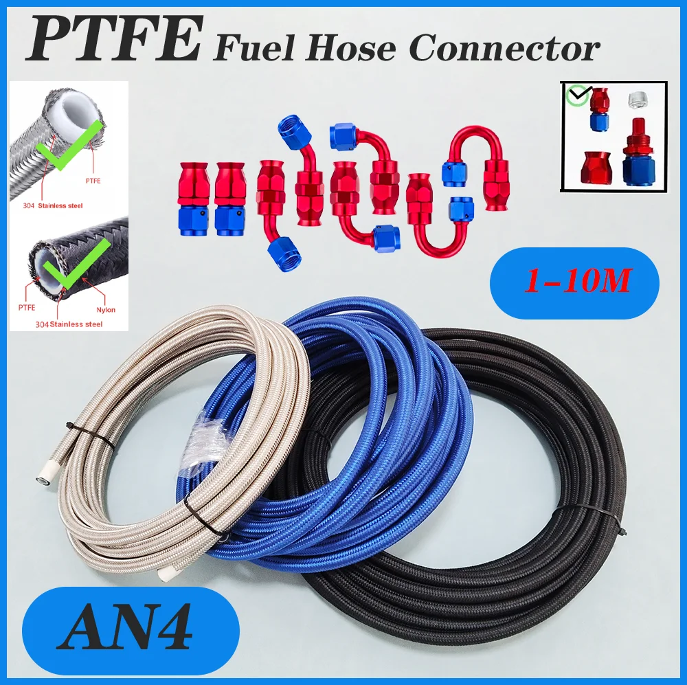 

1~10M AN4 4AN Nylon Stainless Steel PTFE Brake Hose E85 Car Fuel Oil Turbo Cooler Line Pipe Tube + Swivel Hose End Fittings Set