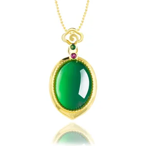 Green Real Jade Agate Pendant Necklace Natural Jewelry Fashion Gemstone Talismans Men Gift Choker Luxury Energy 18K Gold Plated