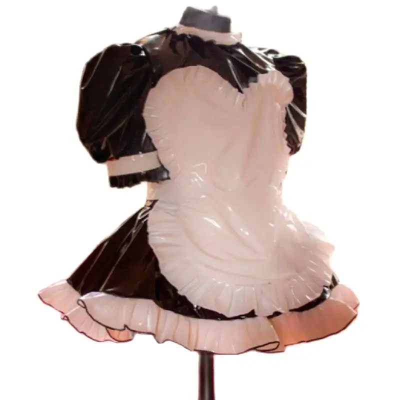 PVC Lockable Sissy Dress Black Heart-shaped Low Neck Ruffle Fluffy Bubble Sleeve Maid Dress Customization