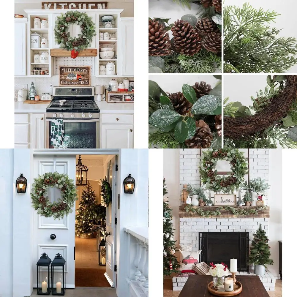 

Glittery Eucalyptus and Pine Christmas Wreath, 24 Inch, for Front Door, Indoor or Outdoor Xmas Decor