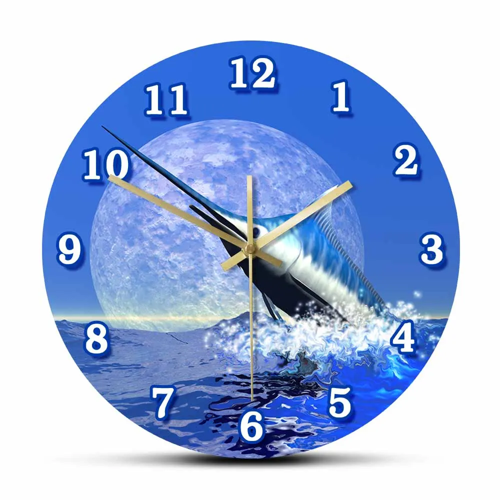 

Jumping Billfish Printed Wall Clock For Living Room Swordfish Art Watch Sea Life Silent Non Ticking Wall Clock Fisherman Gift