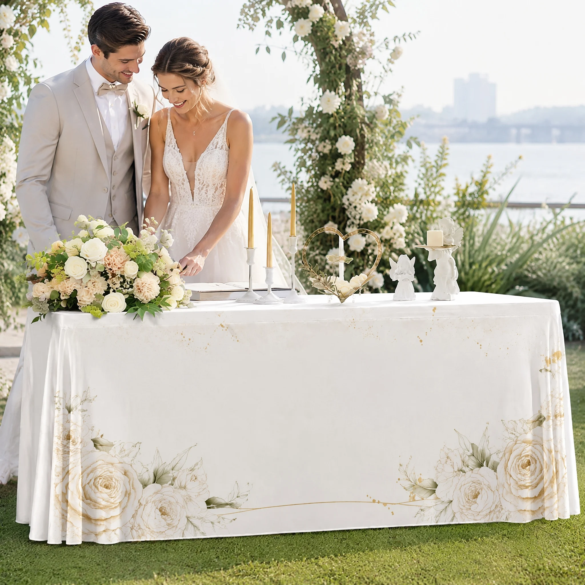 Custom Floral Wedding Tablecloth with Names Elegant Table Cover for Wedding Reception Dessert Table Party Decor