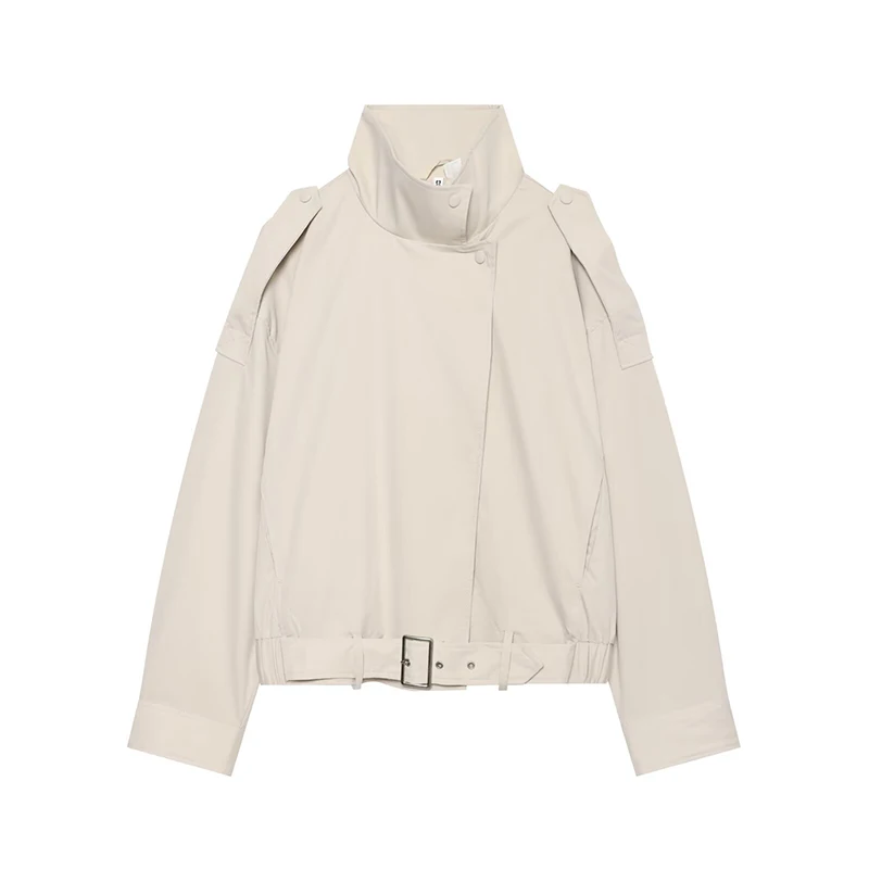 YENKYE  New Autumn Women High Collar Cropped Jacket Epaulet Detail Belted Waist Casual Loose Outerwear