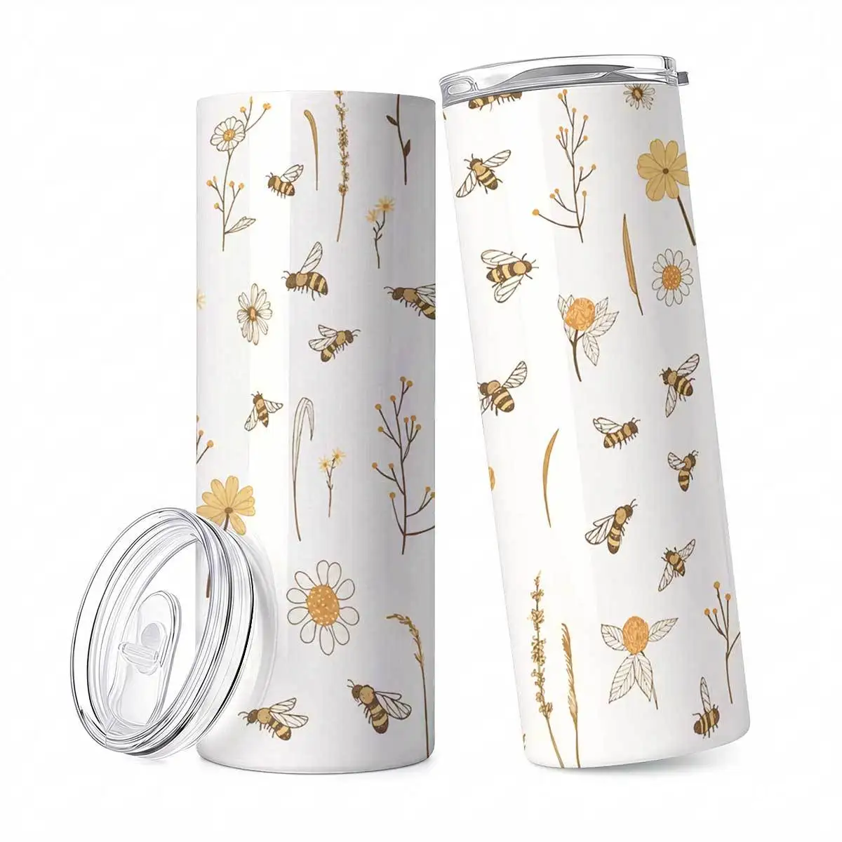 1pc 20oz Vintage Bee And Wildflower Pattern Stainless Steel Insulated Tumblers Coffee Office Travel Mug with Lid Cup Daily Use Leakproof And Bpa Free Keep Drink Hot And Cold Ideal Gift for Friends Family Colleagues On Birthday Christmas Thanksgiving