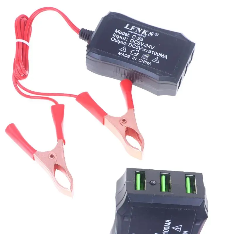 1Pcs 24V/12V to 5V Adapter with 3USB Ports for Cell Phone Charging, High Efficiency Battery Clip Emergency Power