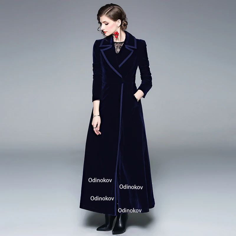 Velvet  Trench Coat for Women Blue Long Skirt  Jackets Winter Clothes Casacos De Inverno Feminino