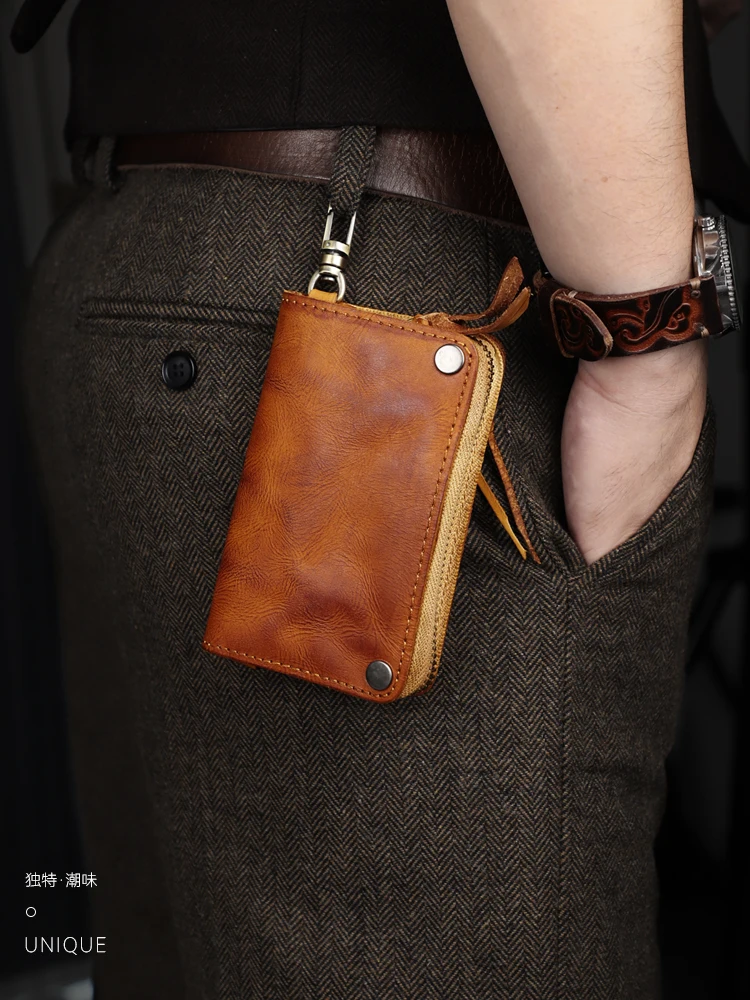 

Handmade genuine leather key bag men's large capacity vegetable tanned cowhide coin purse
