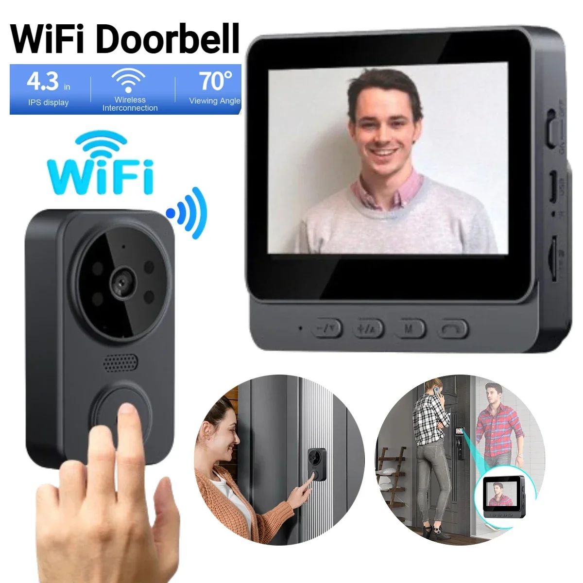 

Умный видеодомофон с ИК-камерой ночного видения, цифровой дверной глазок, 2,4 ГГц, Wi-Fi, аккумулятор 800 мАч, волшебный дверной глаз, двусторонний домофон