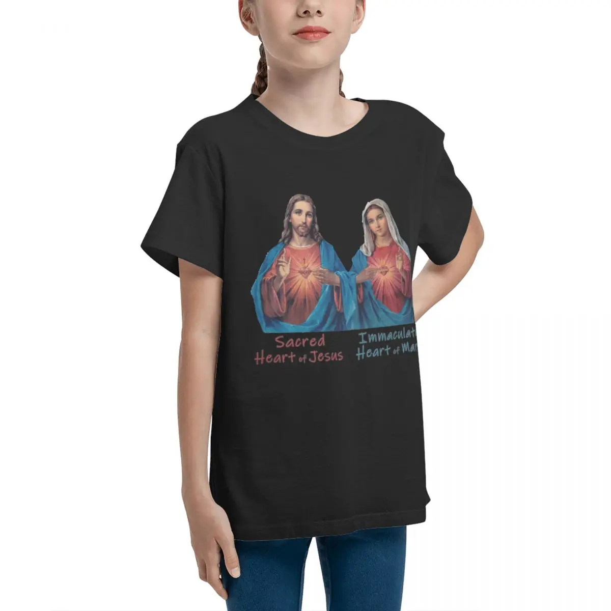 Modern Traditional Sacred And Immaculate Hearts (Jesus And Teenagers Basic Short Sleeve T-Shirt Tees High quality Travel Graphic