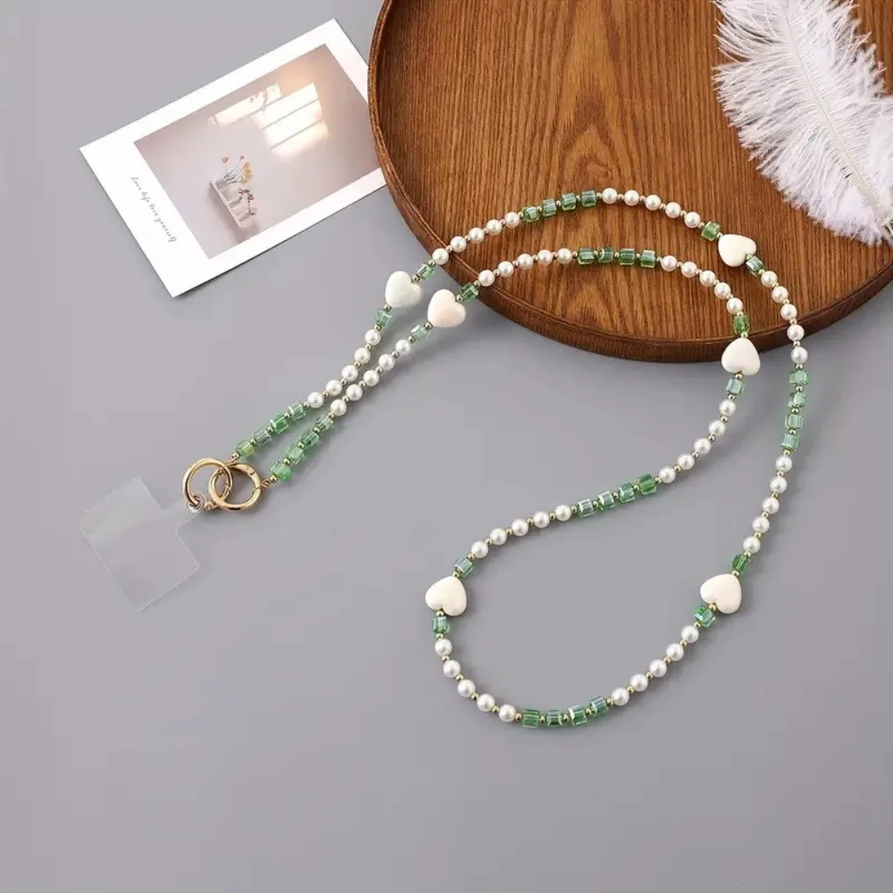 

Цепочка-ремешок для телефона с бусинами и нашивками, защита от потери, с милым сердечком, для ношения через плечо или на шее