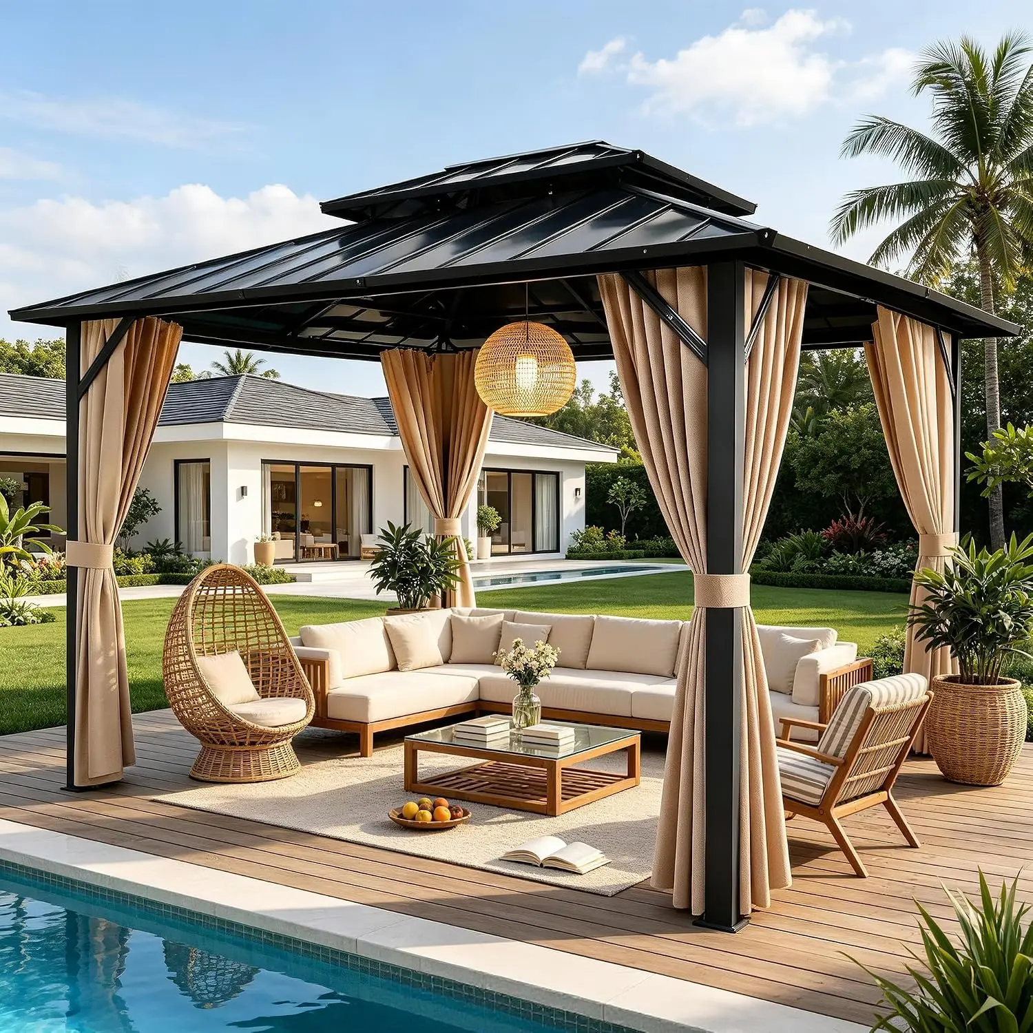 10x10 FT Hardtop Gazebo, Outdoor BBQ Grill Pergola, Metal Waterproof Double Roof Canopy with Curtains & Netting,, Customized