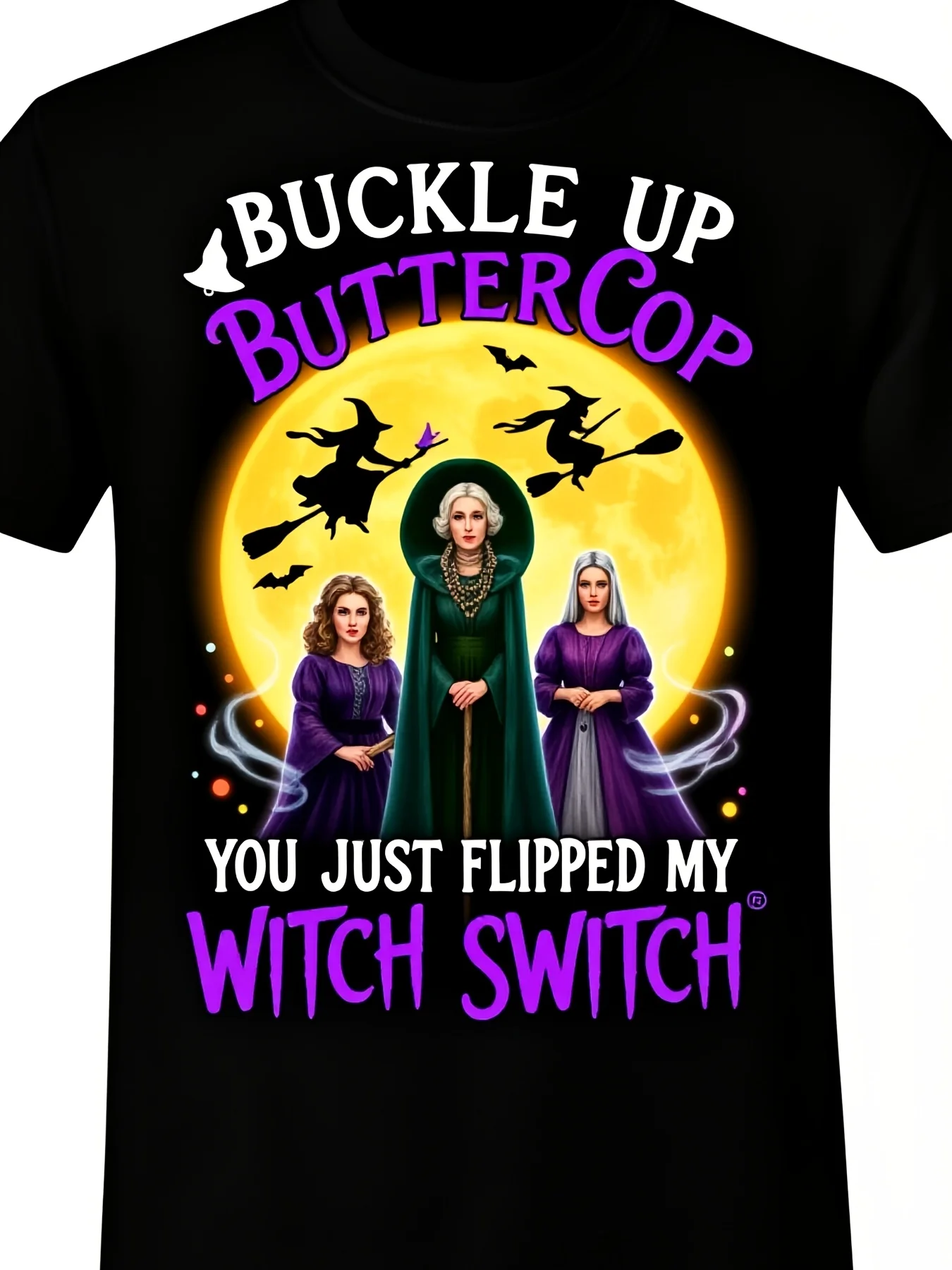Men's Hocus Pocusie Quote TShirt Buckle Up Buttercup You Just Flipped My Witch Switch Black Witch Design with Witches' Faces Bats Casual Round Neck Short Sleeve Tee for Halloween CosRetro Casual Short-sleeved T-shirt with a Round Neck and Printed