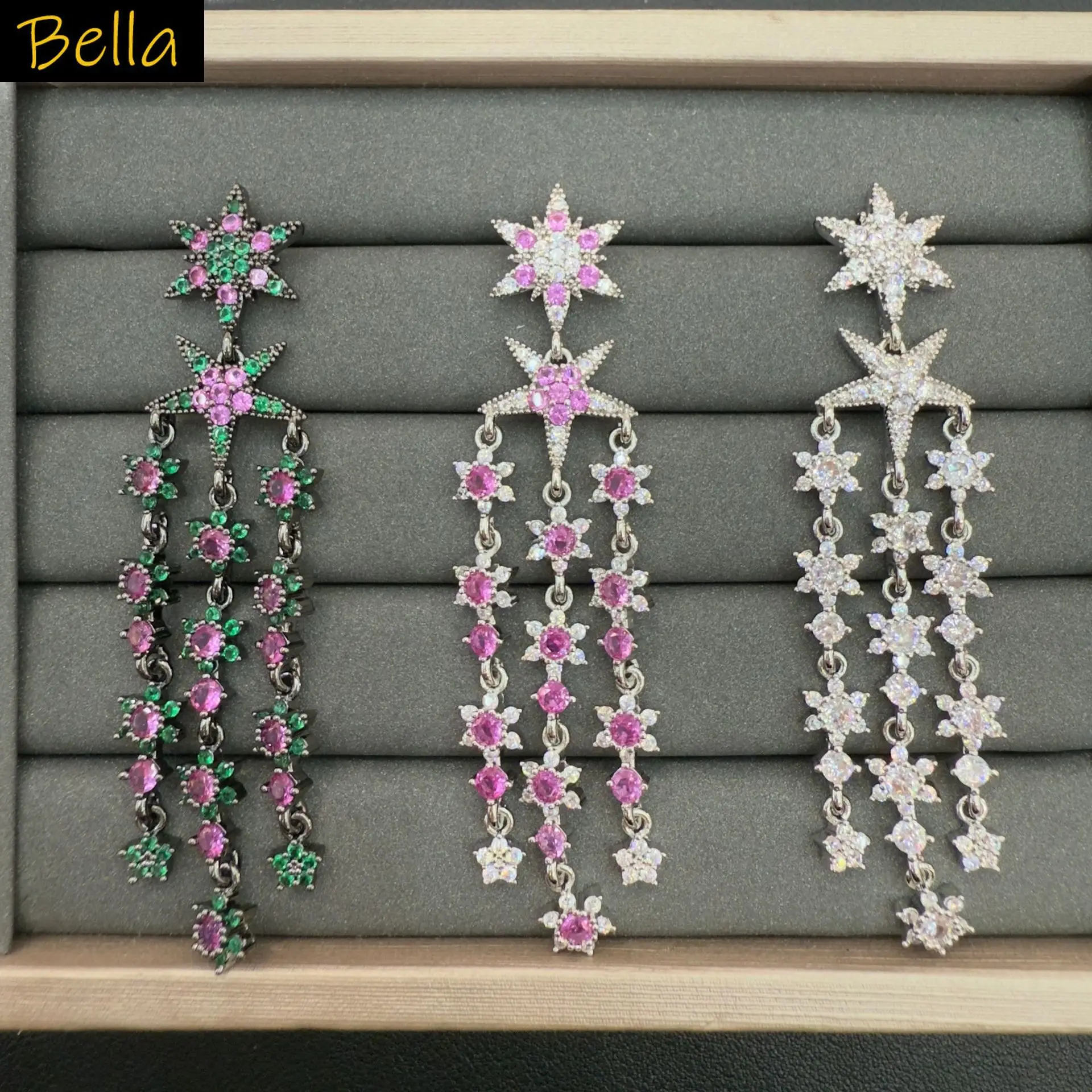 

shiny zircon earrings long tassel luxury jewelry fushia green white star pendant dangling earrings party gala event women gift