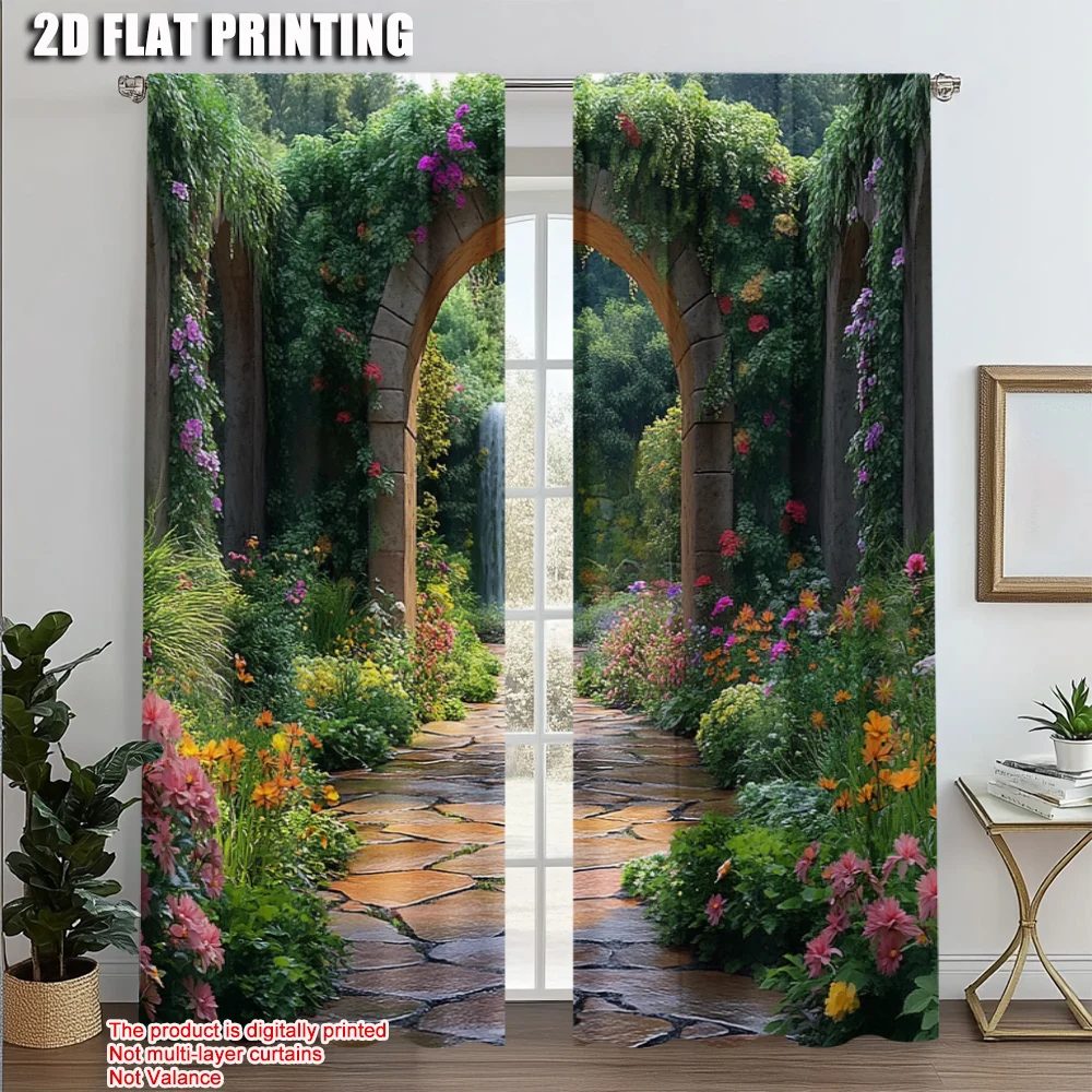 

2pcs, Curtains 2D print Serene Garden Entrance & Waterfall 100% Polyester (without rod) Art Deco Festive Use for Bedroom Living