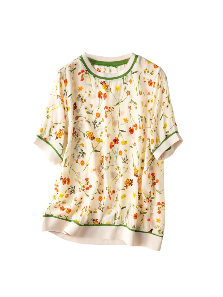 SuyaDream Woman Floral Summer Blouses 100%Silk Crepe de chine O Neck Short Sleeves Printed Shirts 2022 Spring Summer Top