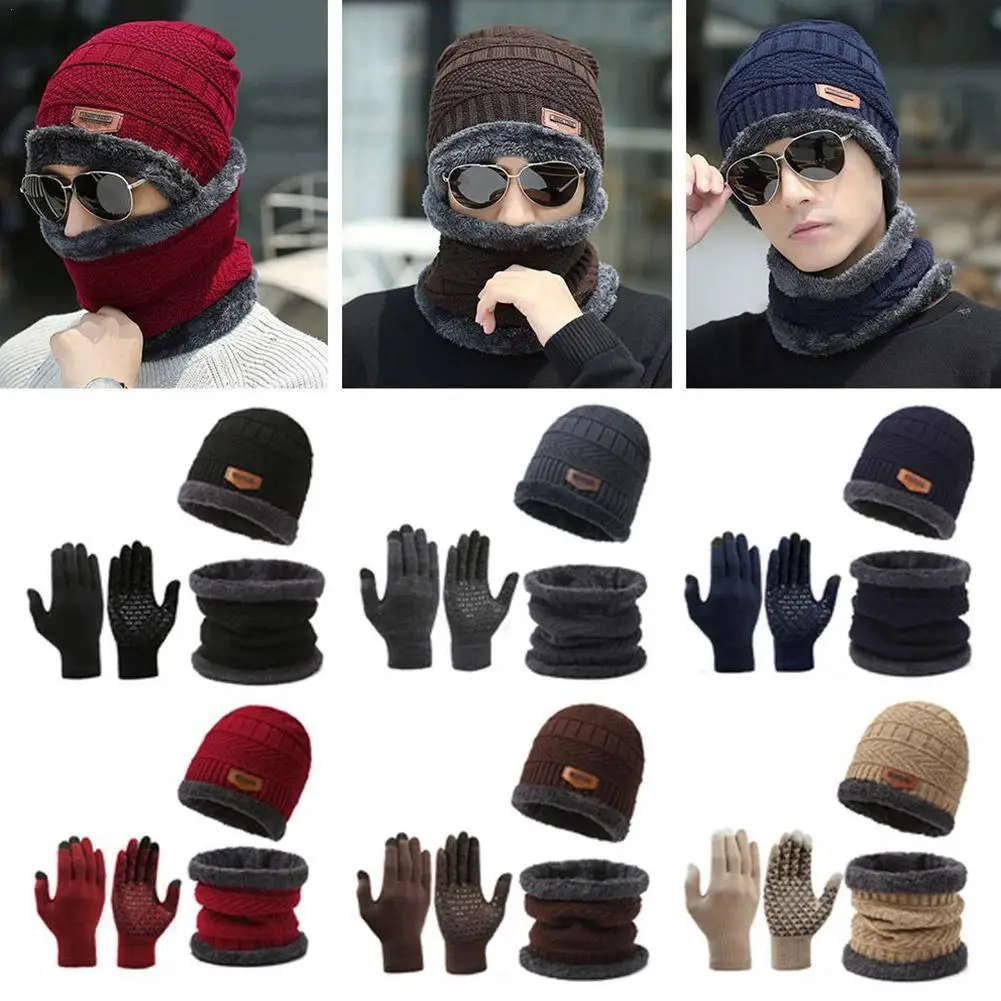 Winter Knit Beanie Hat Neck Warmer Scarf Touch Screen Gloves Set Men And Women Velvet Hat Coral Fleece Scarf Outdoor