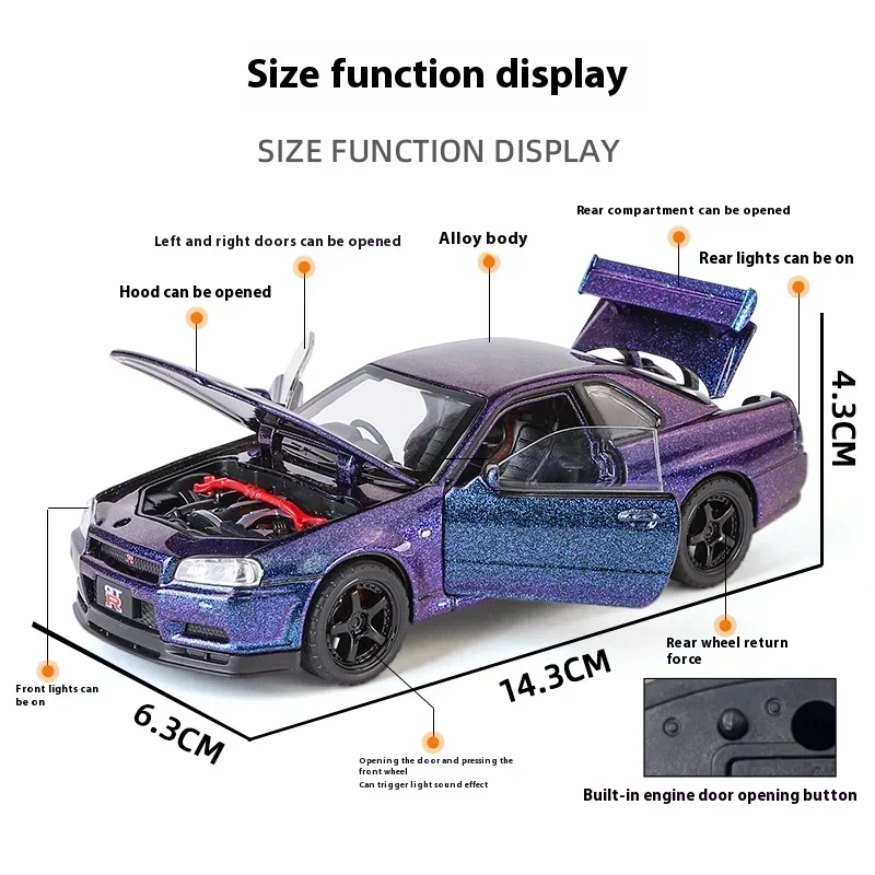 1:32 Nissan GTR R34 Skyline Supercar Alloy Metal Diecast Car Model Toy Racing Car Simulation Sound Light Childrens Gift