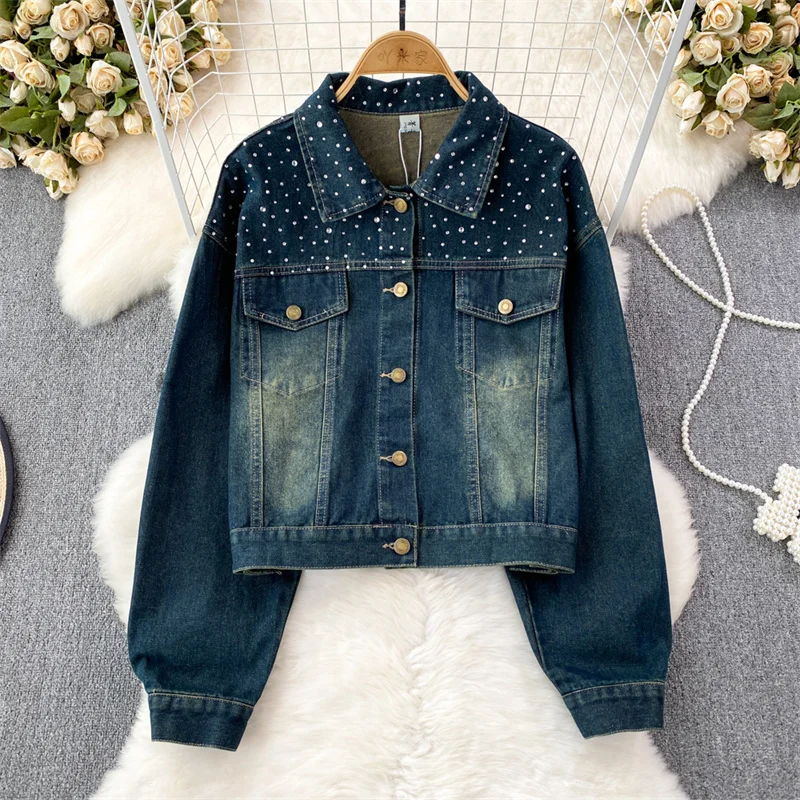 Jaket Denim pendek wanita longgar Korea jaket Jeans wanita lengan panjang kasual Lapel berlian biru hitam jaket Denim pendek musim semi musim gugur wanita