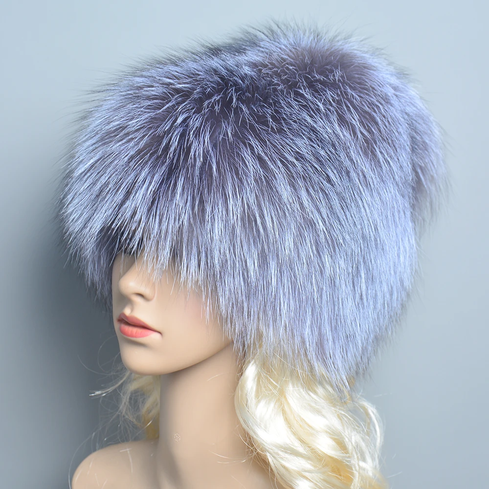 NEW Russian Bomber Caps Women Winter Fur Hat Genuine Fox Fur Hats Knitted Silver Fox Fur Caps Female