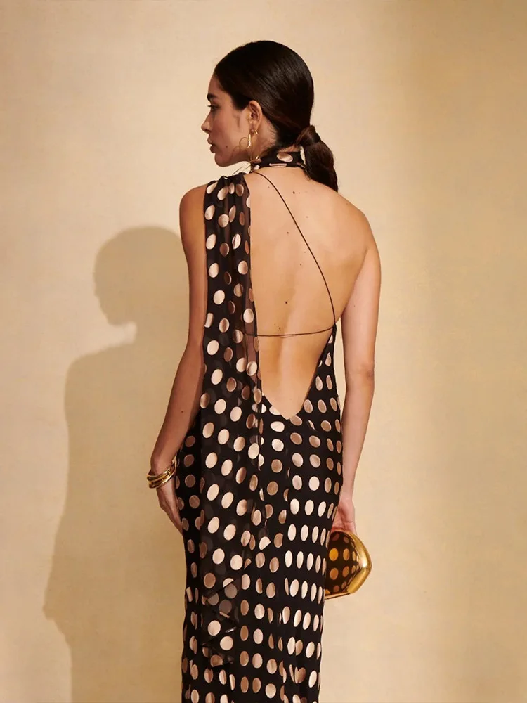 กระโปรงยาวผ้าชีฟองลายจุดทรงเอวสูงสำหรับผู้หญิง รุ่น Svel Dr Ele ทรงเดรป