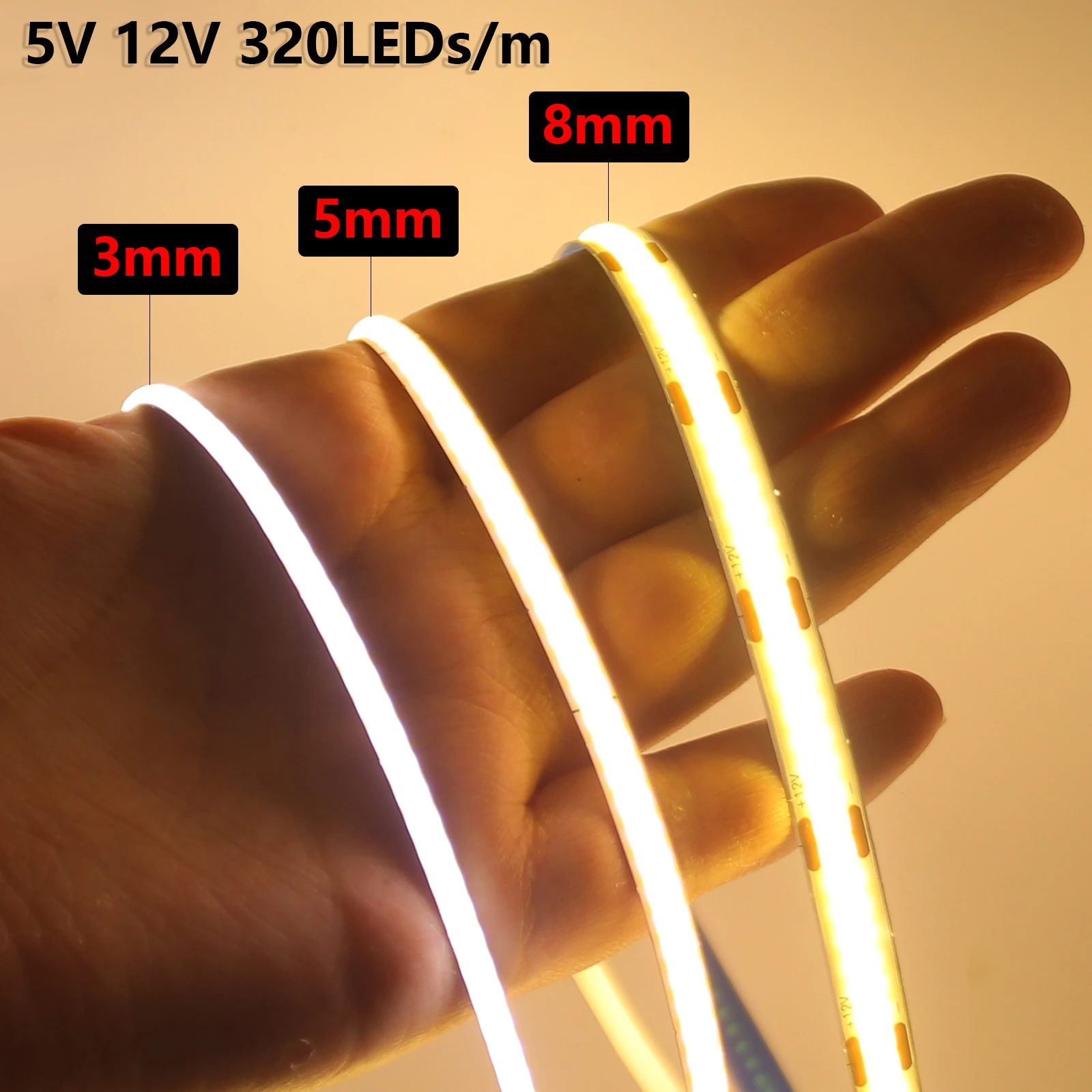 3mm 5mm 8mm COB LED Strip Light 5V 12V 320LEDs/m High Density Flexible LED Tape 3000K 4000K 6000K Kitchen Under Cabinet Light