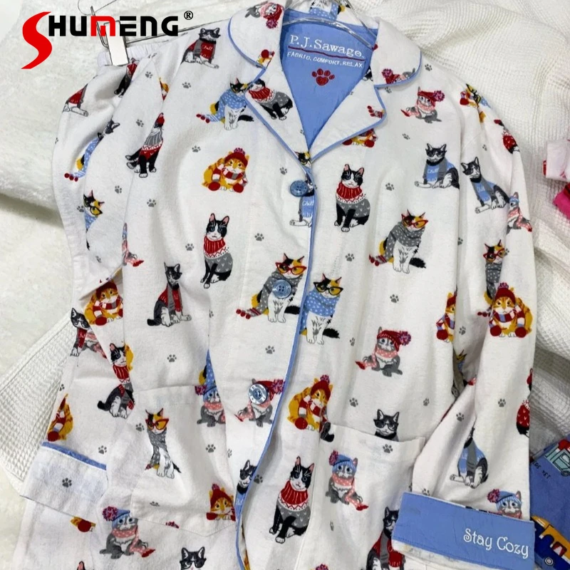 Lange Hosen Homewear Set für Frauen Herbst Winter Cartoon Print Warme Schlaf Anzüge Weibliche Reine Baumwolle Baumwolle Pyjamas Outfits
